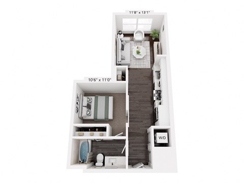 Floor plan for studio, 1 bath, 585 sqft